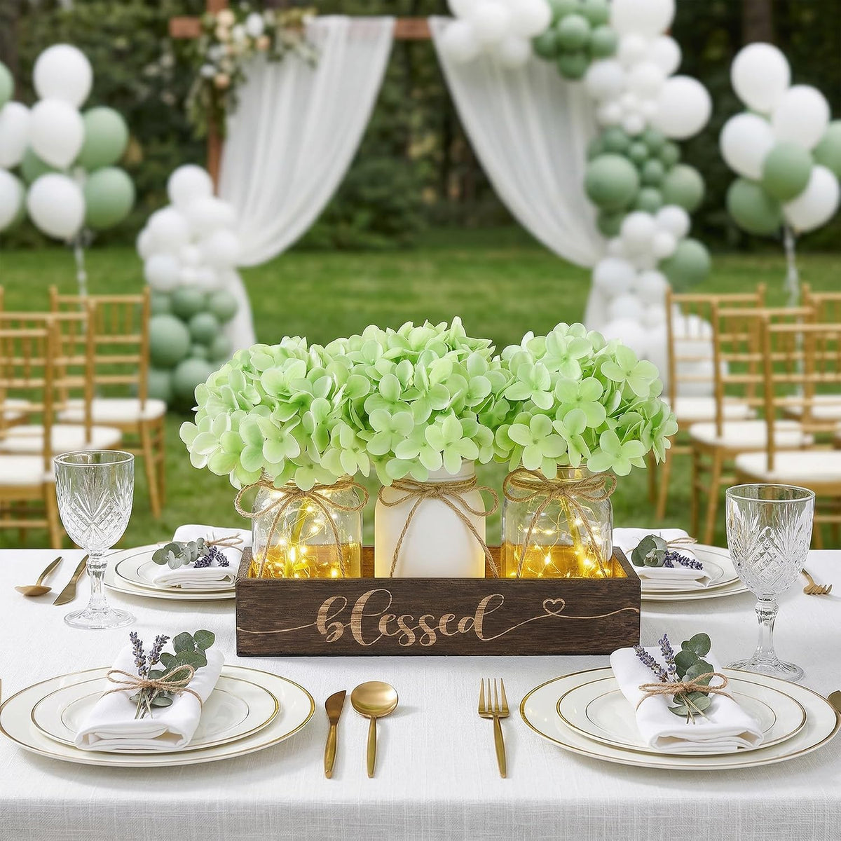 Farmhouse Mason Jar Table Centerpiece with Green Hydrangea Flowers, Lighted Artificial Floral Arrangement with Wood Tray, Rustic Table Decor for Kitchen Coffee Table Living Room Home