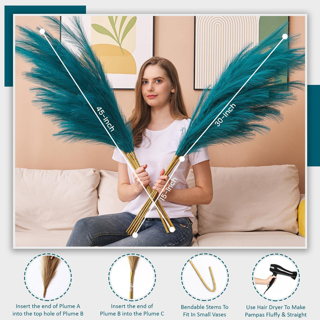 7 Pcs 45" Faux Pampas Grass – Fluffy Artificial Pompous Grass for Tall Floor Vase, Non-Shedding Home Decor, Boho Wedding Flowers, Baby Shower Centerpieces, Bedroom & Living Room Decor (Blue)