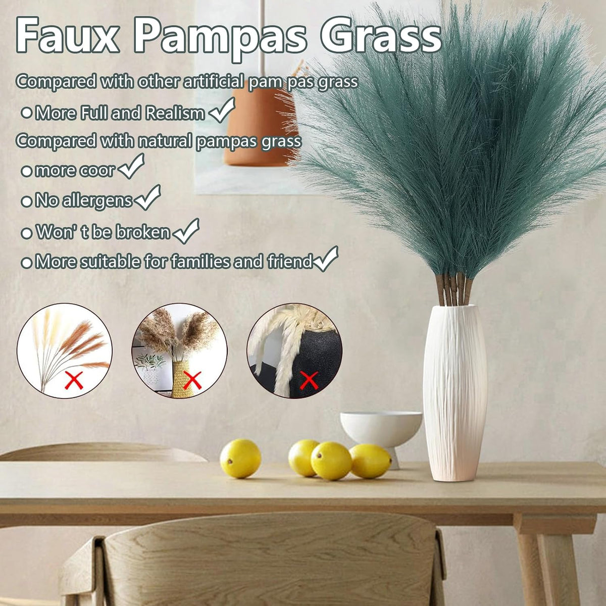 MAKHOT 5 PCS 30" Dark Green Pampas Grass Tall Fluffy, Detachable Faux Bulrush Reed Green Grass for Tall Vase Filler, Artificial Pampas Small Home Vase Decor