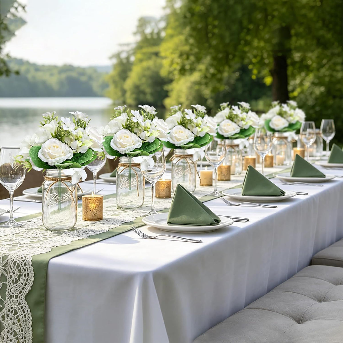 10 Sets Mason Jars Flower Table Centerpiece with White Rose - Ivory