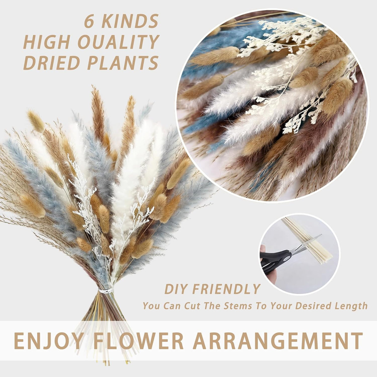 Natural Dried Flower Bouquet - 17" Boho Style Mixed Pampas Grass
