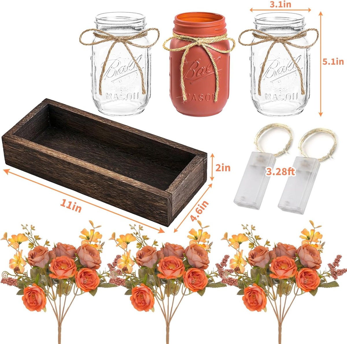 Mason Jar Table Centerpiece Decor with Lights, Wood Tray & 3 Artificial Flowers - Farmhouse Table Decor for Dining Room, Living Room, Kitchen, Coffee Table