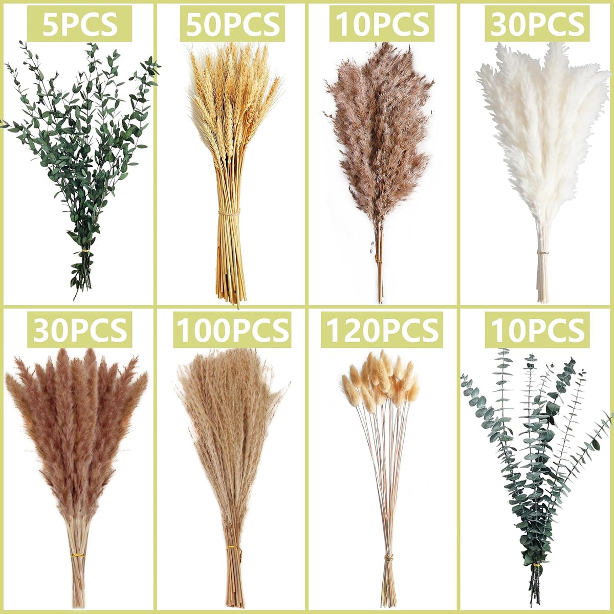 350PCS Dried Pampas Grass Bouquet Set – Dried Eucalyptus, Brown Pampas Grass & White Pampas Grass for Boho Baby Shower Decorations, Boho Wedding Decor, Pampas Grass Wall Decor, Home Decorations Modern