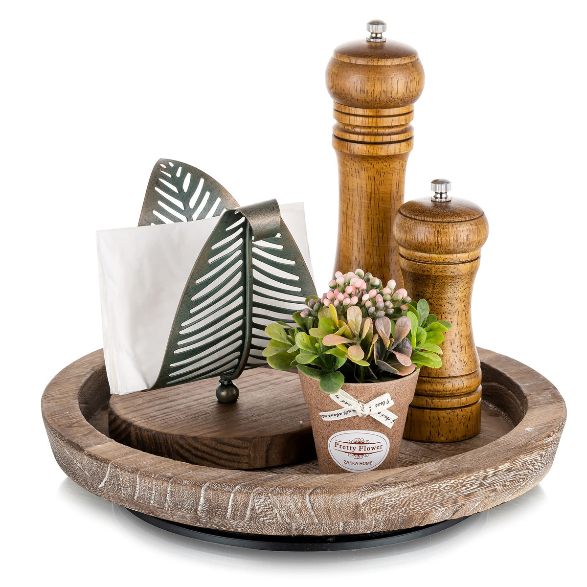Hanobe Wooden Tray for Coffee Table, Decorative Round Candle Holder Plate