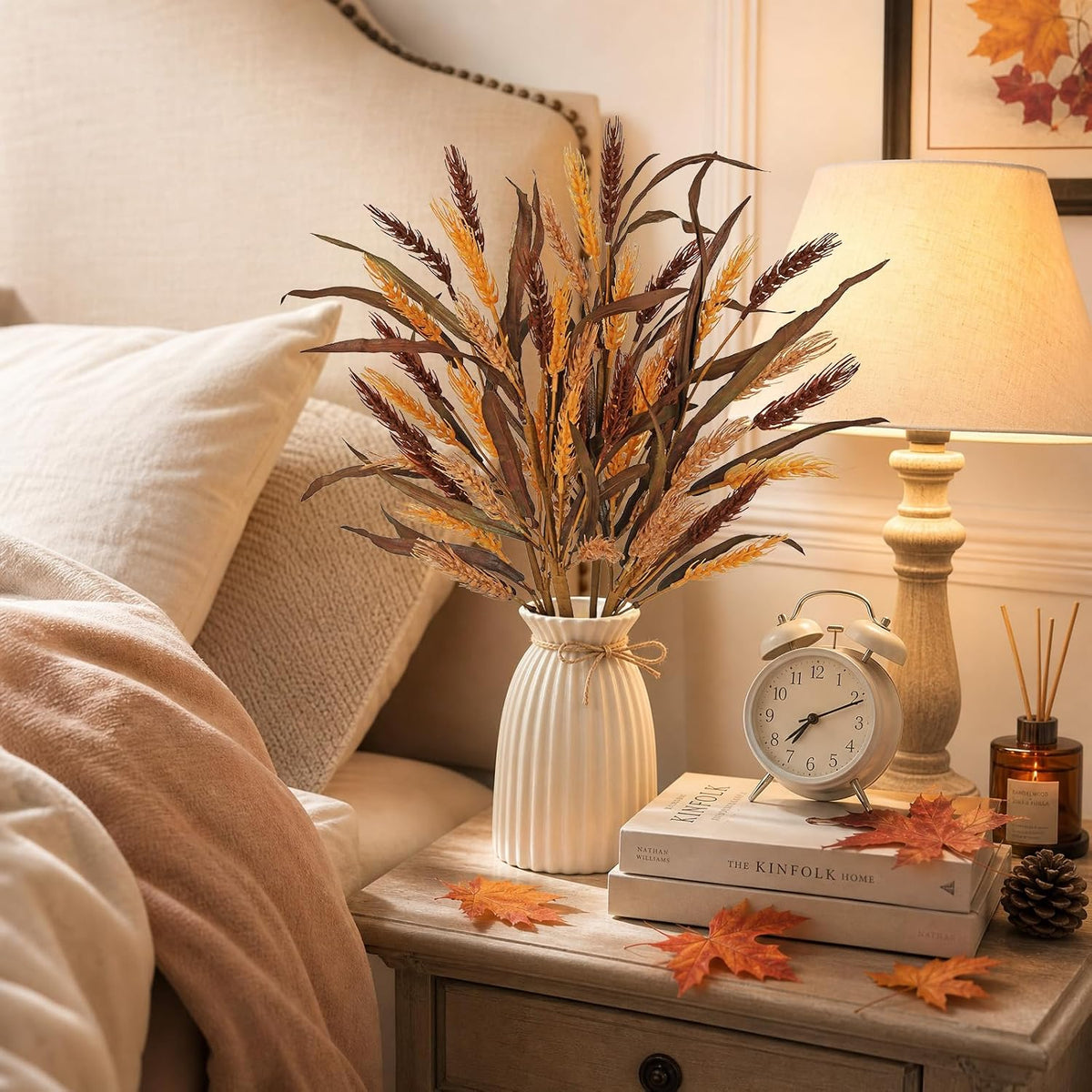 Hollyone 4Pcs Fall Stems Artificial Wheat Stalks 24.8inch Fall Floral Stems Wheat Stalks Bundle Arrangement Pampas Grass Flowers Bouquet Boho Decor for Harvest DIY Thanksgiving Farmhouse Decor Orange