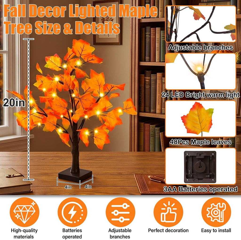 Artificial Fall Lighted Maple Tree 24 LED Thanksgiving Decorations Table Lights Battery Operated for Wedding Party Gifts Indoor Outdoor Autumn Harvest Home Decor