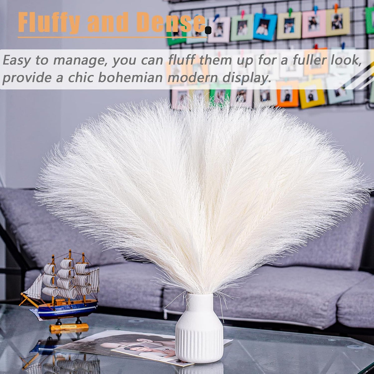 10 Stems White Pampas Grass Fluffy 17.7" Faux Pampas Grass Decor