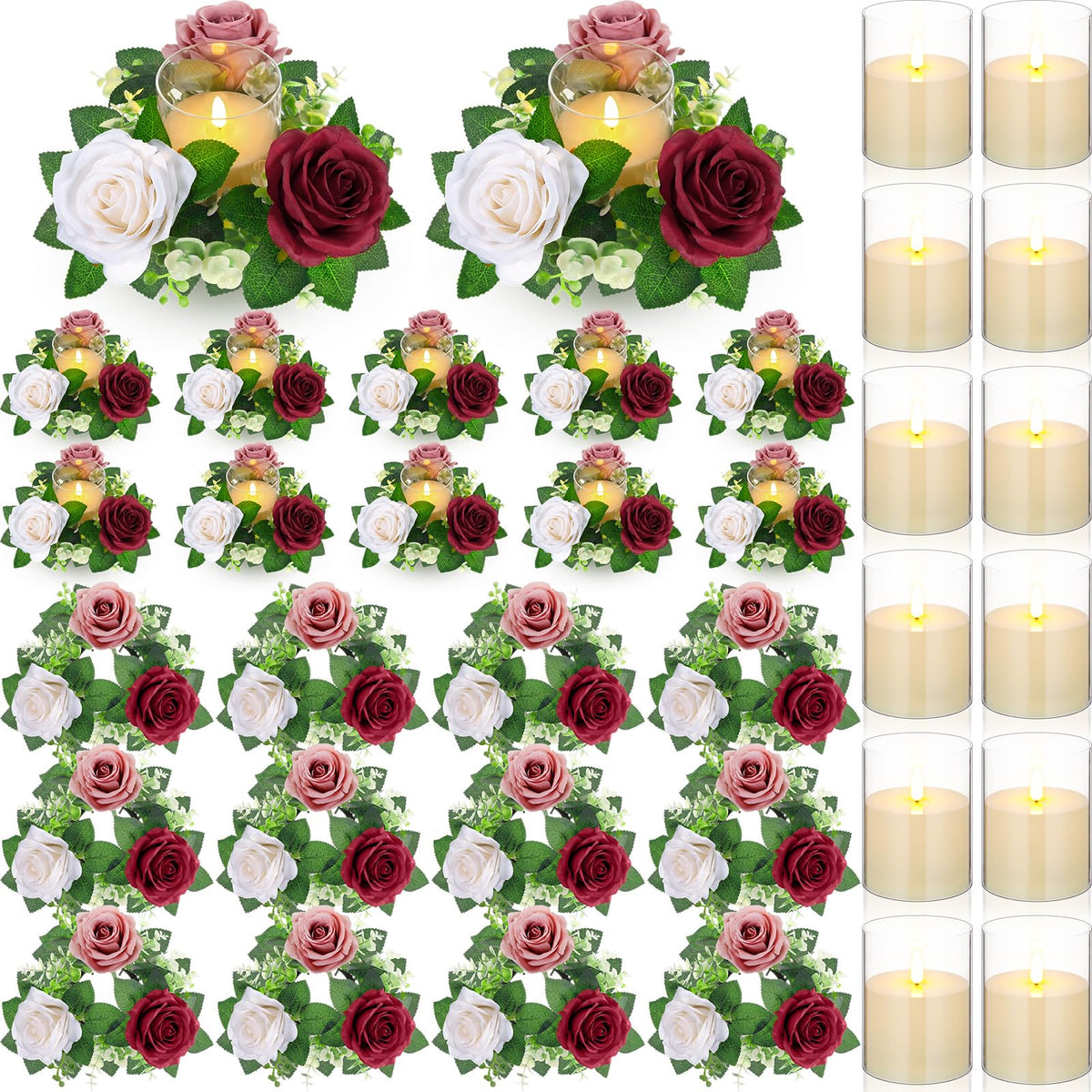 Yunlly 12 Pcs Rose Candle Rings with Candles Sets, White