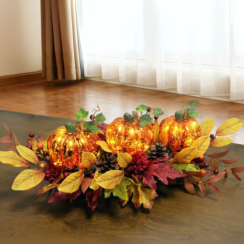 LED Lighted Pumpkin Fall Centerpiece with Maple Leaves, Berries & Pinecones - Battery Operated Thanksgiving Table Decor for Home, Mantel, or Dining