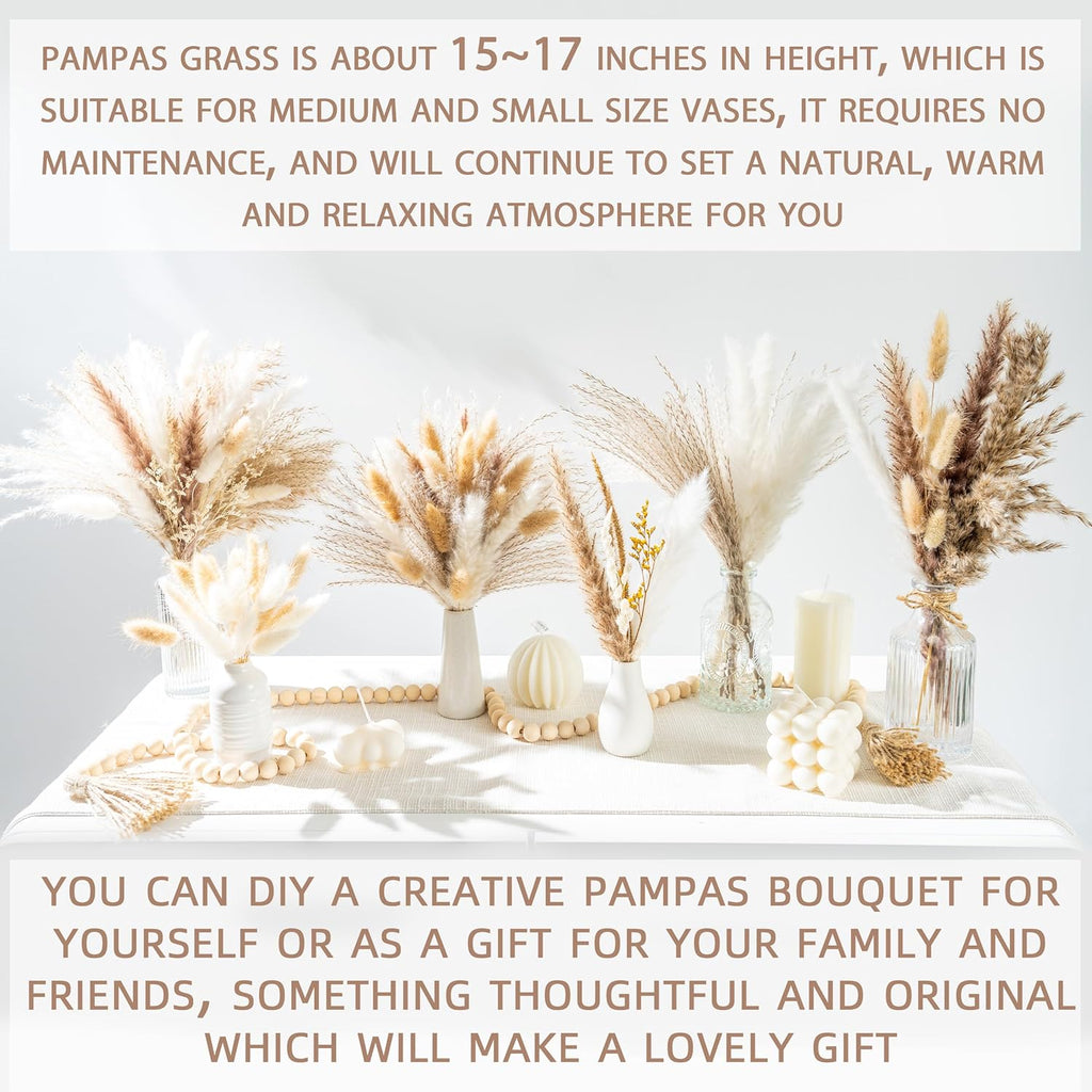 96PCS Natural Dried Pampas Grass Boho Home Decor Bouquet Phragmites Dried Flowers Bouquet for Wedding Floral Arrangements Living Room Decorations (96PCS)