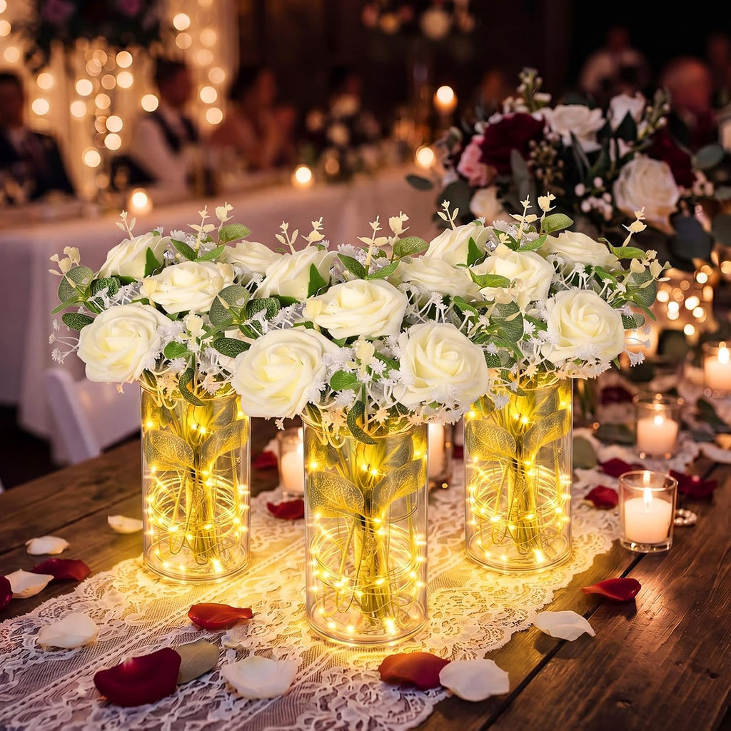 Domensi Set of 6 LED Lighted Floral Table Centerpieces, Faux Roses, Eucalyptus & Baby's Breath in Acrylic Vase, Glowing Rustic Wedding Decor for Bridal Shower, Party & Dining Table(White)