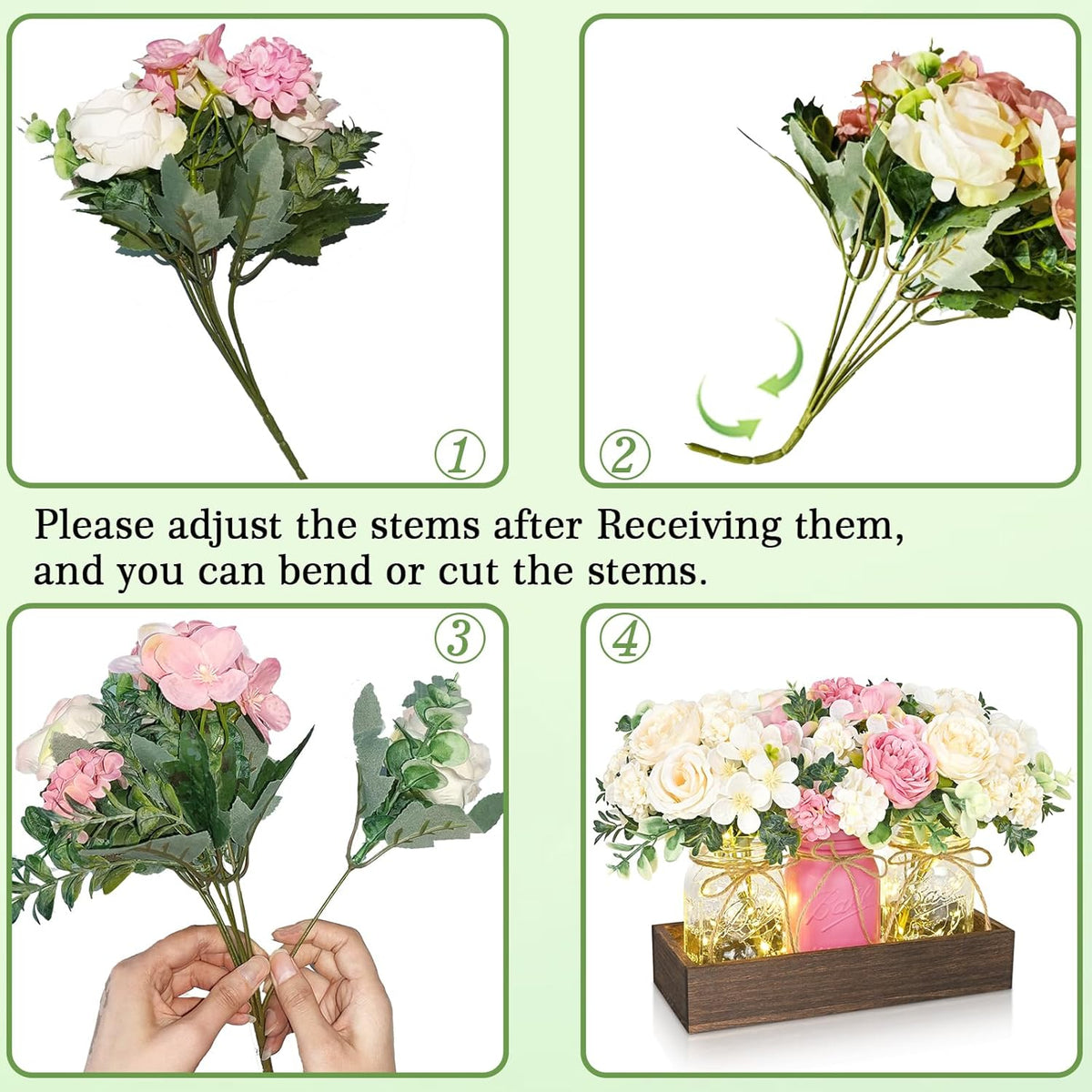BLEUM CADE 3Pcs Mason Jar with Artificial Roses Flowers Wood Tray and Light