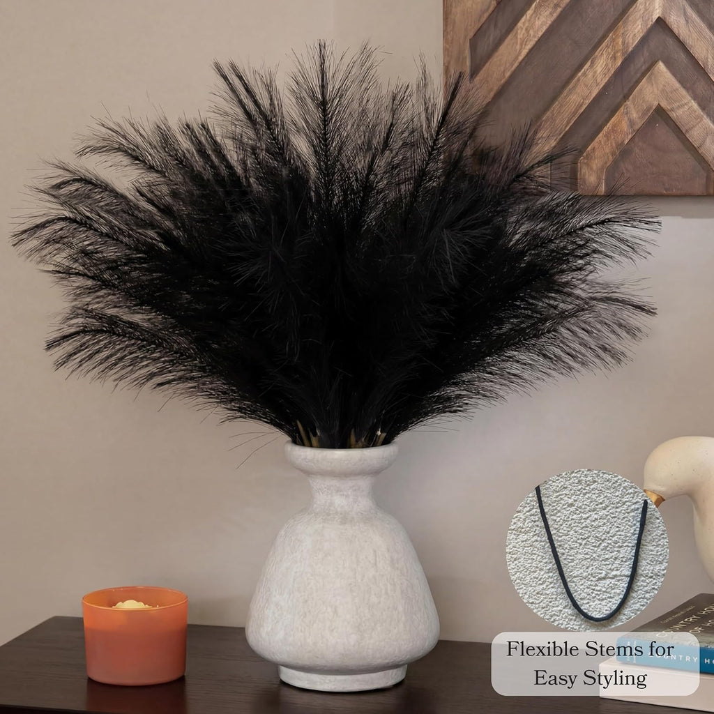30Pcs Black Pampas Grass Decor, 22'' Fluffy Faux Pampas Grass Branches for Vase Fillers, Short Artificial Pompous Feathers for Home Room Centerpieces Wedding Gothic Decor