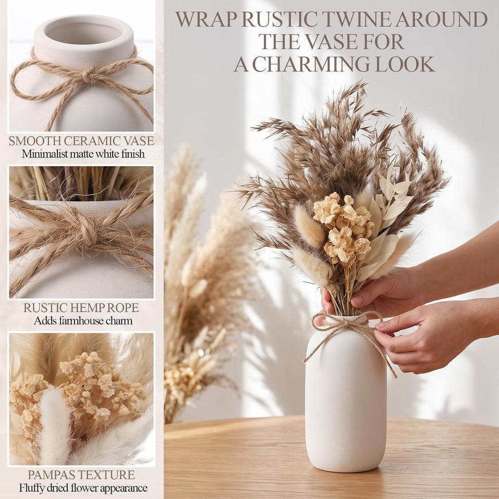 25 Pcs Dried Pampas Grass Centerpiece with Ceramic Vases, Classic