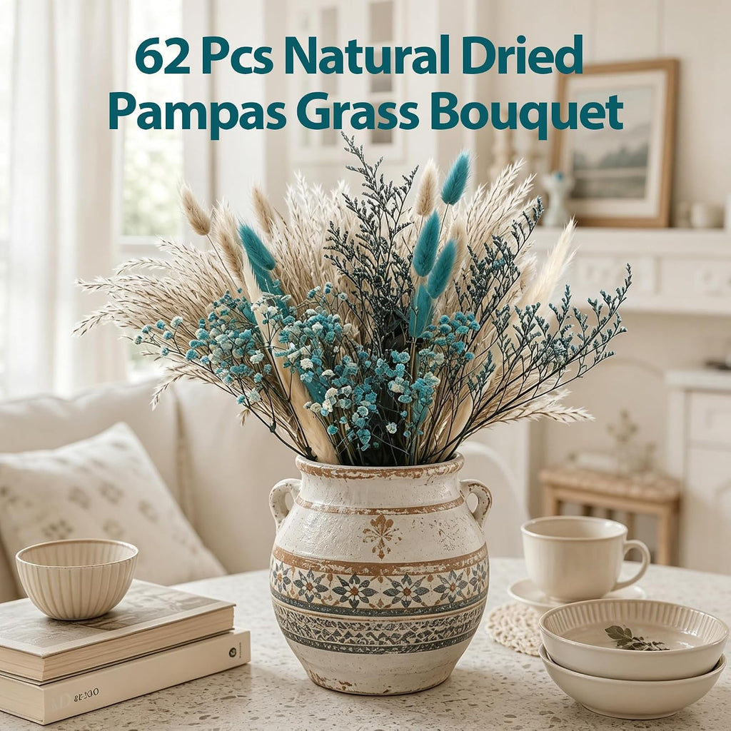 62 Pcs Dried Pampas Grass Bouquet with Turquoise Flowers & Teal Pampas Grass, Natural Blue Pampas Grass Decor for Boho Home, Wedding Centerpieces, Vase Filler and DIY Crafting(LP-PG-01)