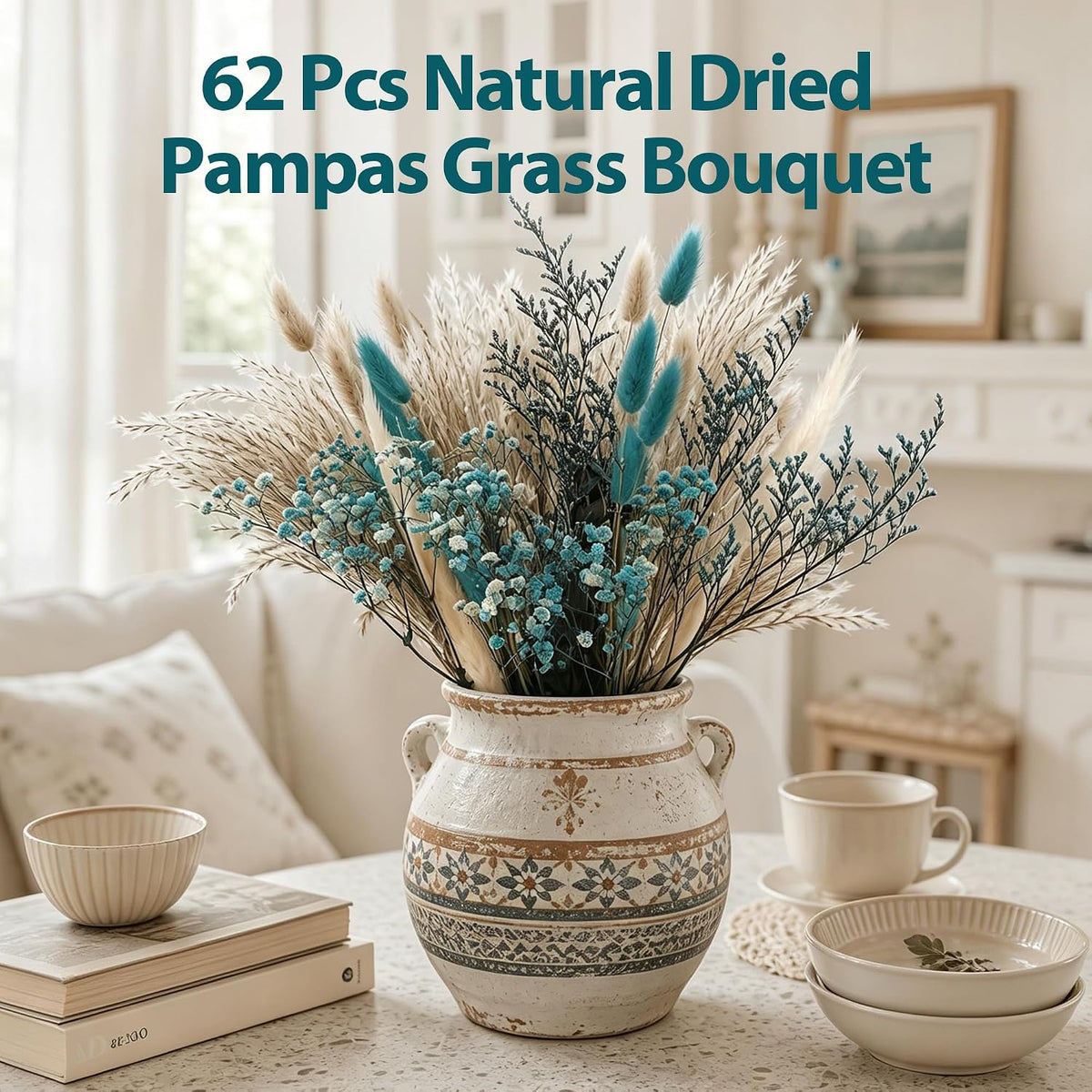 62 Pcs Dried Pampas Grass Bouquet with Turquoise Flowers & Teal Pampas Grass, Natural Blue Pampas Grass Decor for Boho Home, Wedding Centerpieces, Vase Filler and DIY Crafting(LP-PG-01)