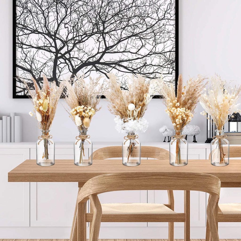 Nuanchu 10 Pcs Dried Pampas Grass Centerpiece with 10 Glass Vase, Rope