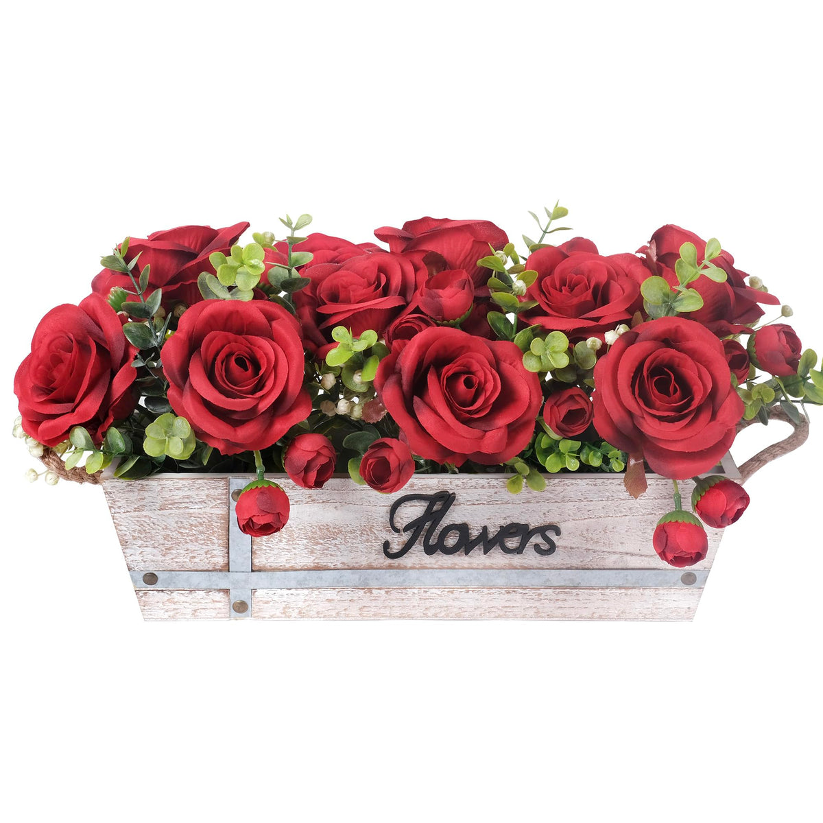 Centerpiece Table Decorations Rustic Wood Tray with 3 Artificial Champagne Rose Flowers and Fake Eucalyptus for Dining Room Farmhouse Living Room Kitchen and Coffee Table Décor