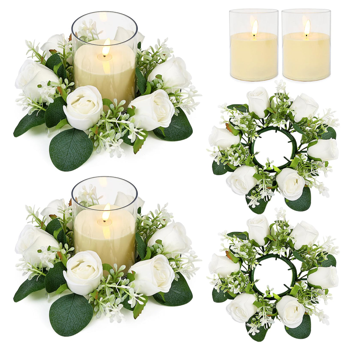 White Rose Candle Rings with Flameless Candles Sets - 12PCS Artificial Flower Eucalyptus Wedding Centerpiece 3 Inch Pillar Candleholders Wreaths for Wedding Party Decor (White - 6 Sets)