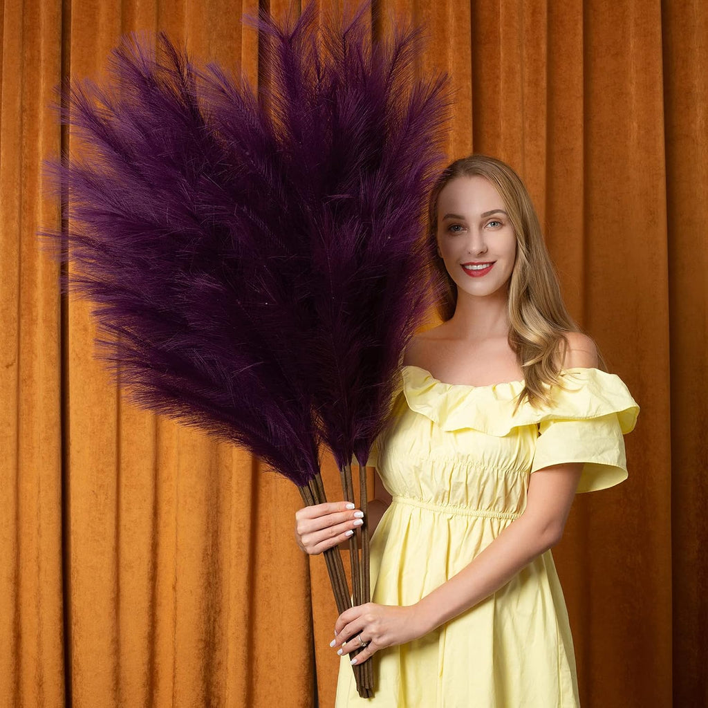 Pampas Grass Decor Tall, 43"/110cm Faux Pampas Grass 6 Stems Large Pompass Grass Branches Tall Bulk Boho Flower Arrangement for Home Room Wedding Party Decor(Purple)