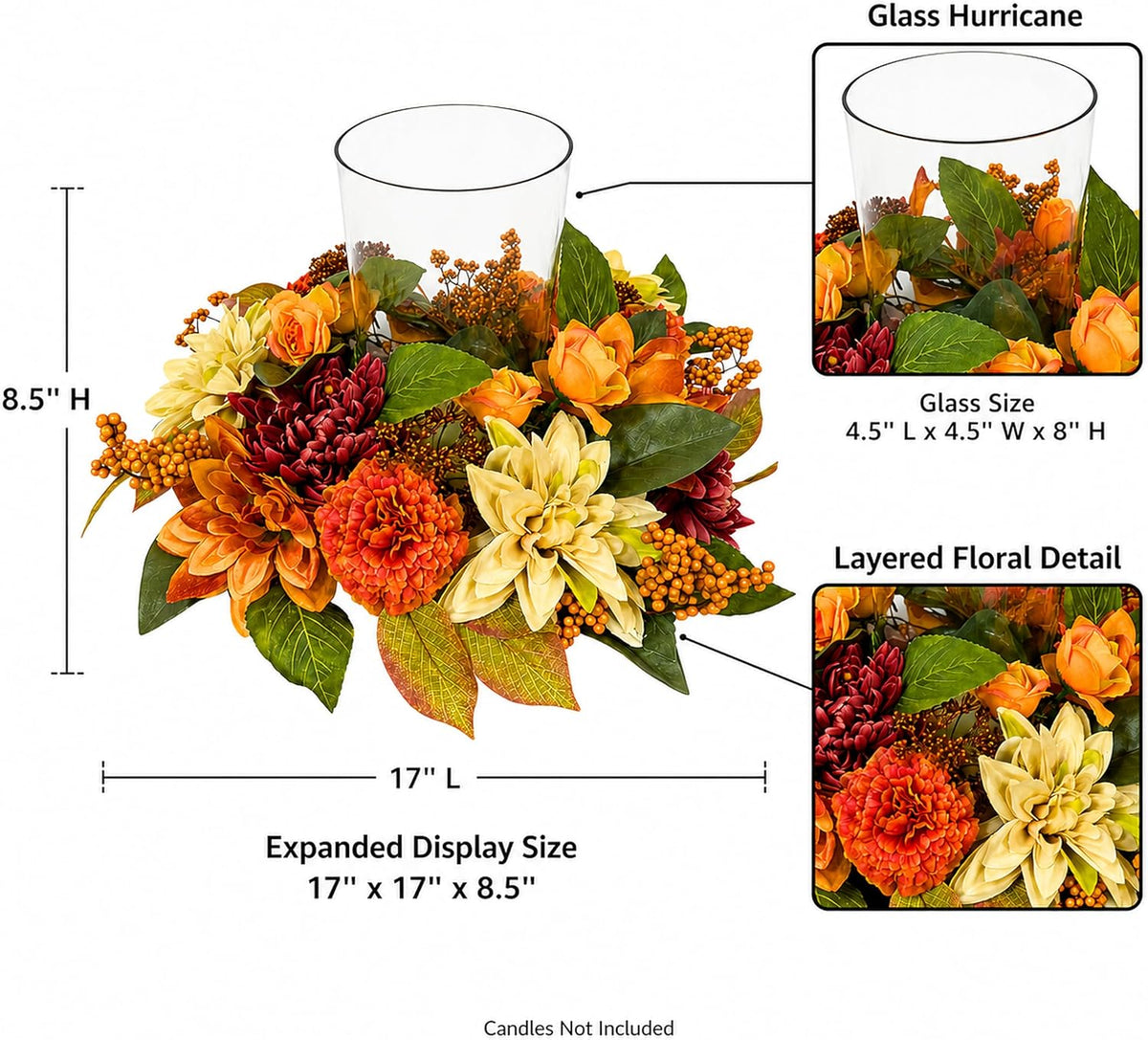 17 Inch Fall Hurricane Candle Holder with Dahlias, Mums and Berries