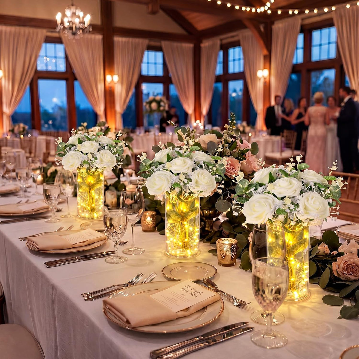 Domensi Set of 6 LED Lighted Floral Table Centerpieces, Faux Roses, Eucalyptus & Baby's Breath in Acrylic Vase, Glowing Rustic Wedding Decor for Bridal Shower, Party & Dining Table(White)