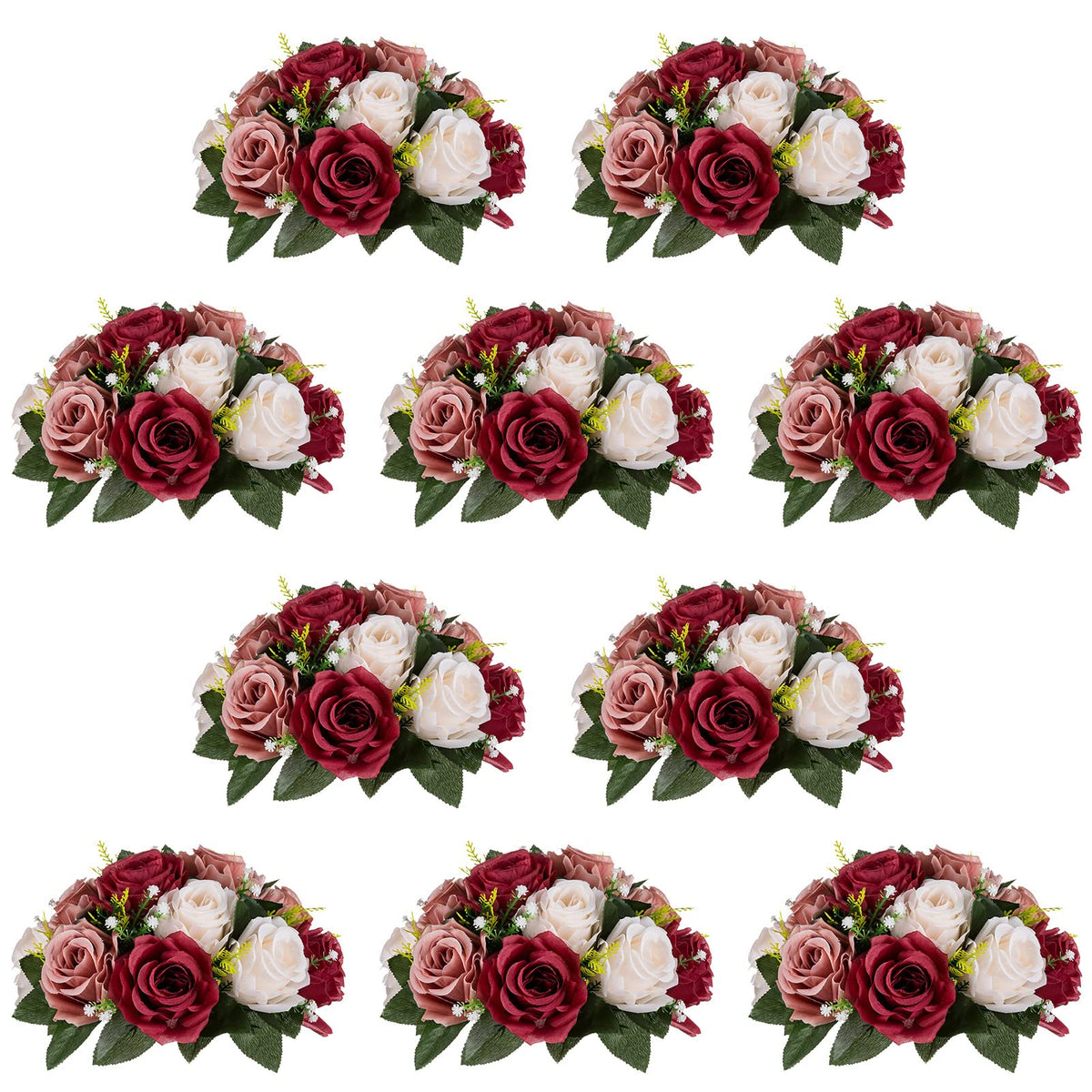 Nuptio Artificial Flower Centrepieces for Tables - 6 Pcs Burgundy & Dusty Rose & Creamy White Fake Flowers Roses Balls 9.5in Diam - Silk Faux Rose Arrangement for Wedding Party Centerpiece Table Decor