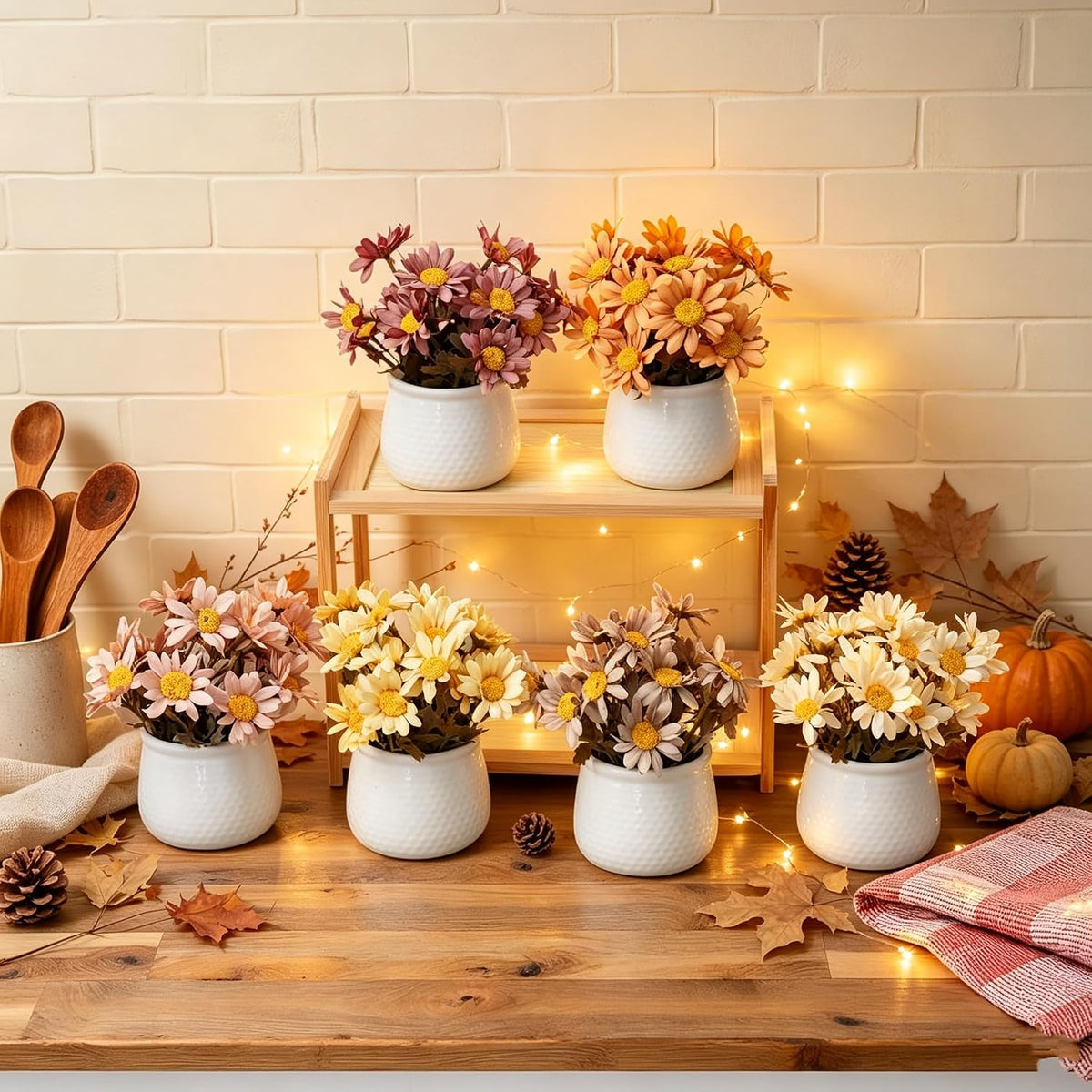 6PCS Artificial Daisy Fall Flower Arrangements with Large Ceramic Pots