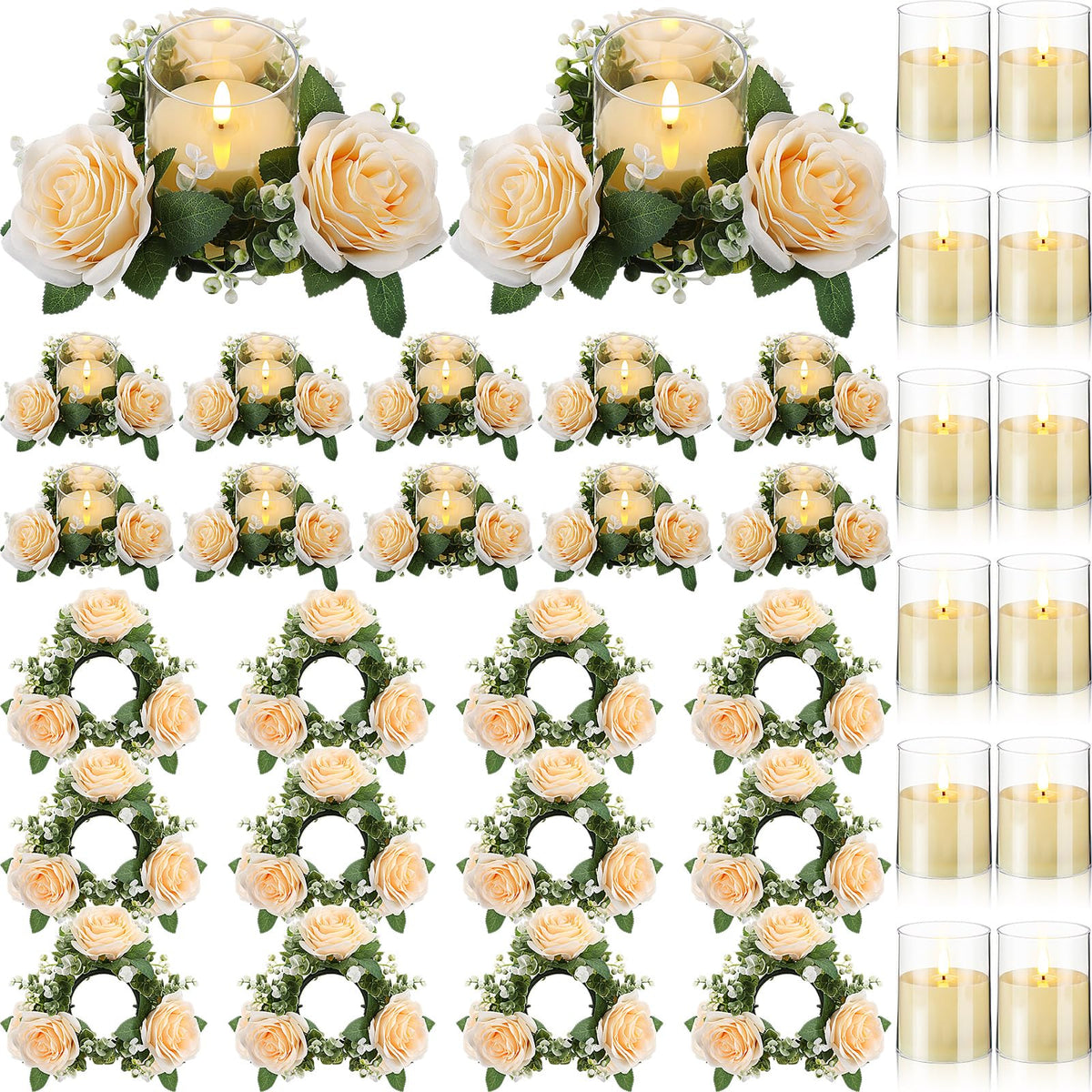 Yunlly 12 Pcs Rose Candle Rings with Candles Sets, White