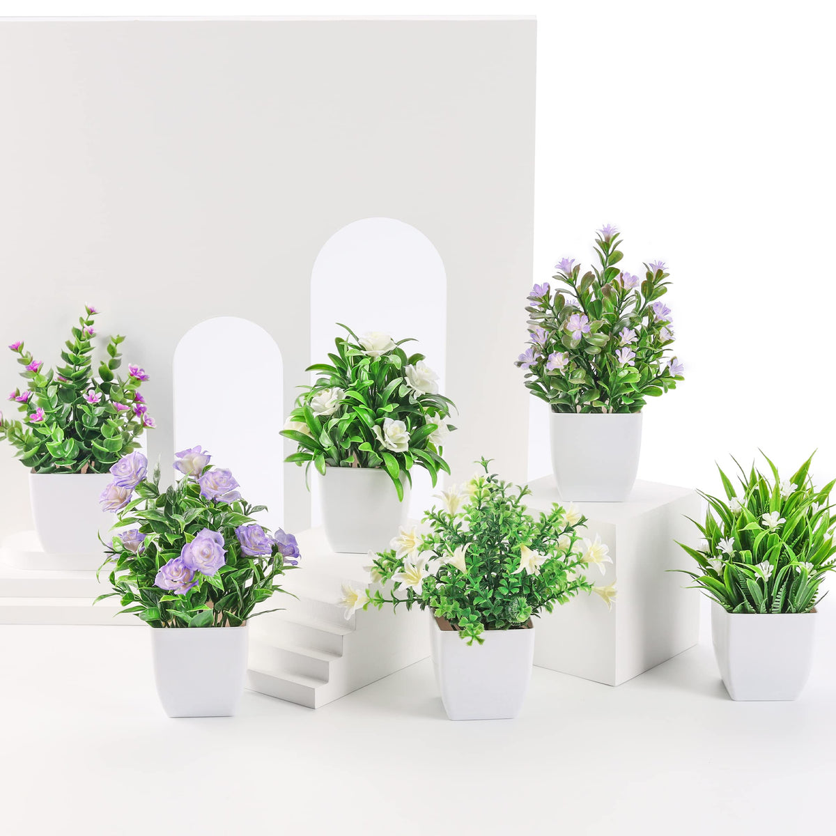 Der Rose 4 Pack Small Fake Plants with Flowers, Spring Home Bathroom Decor