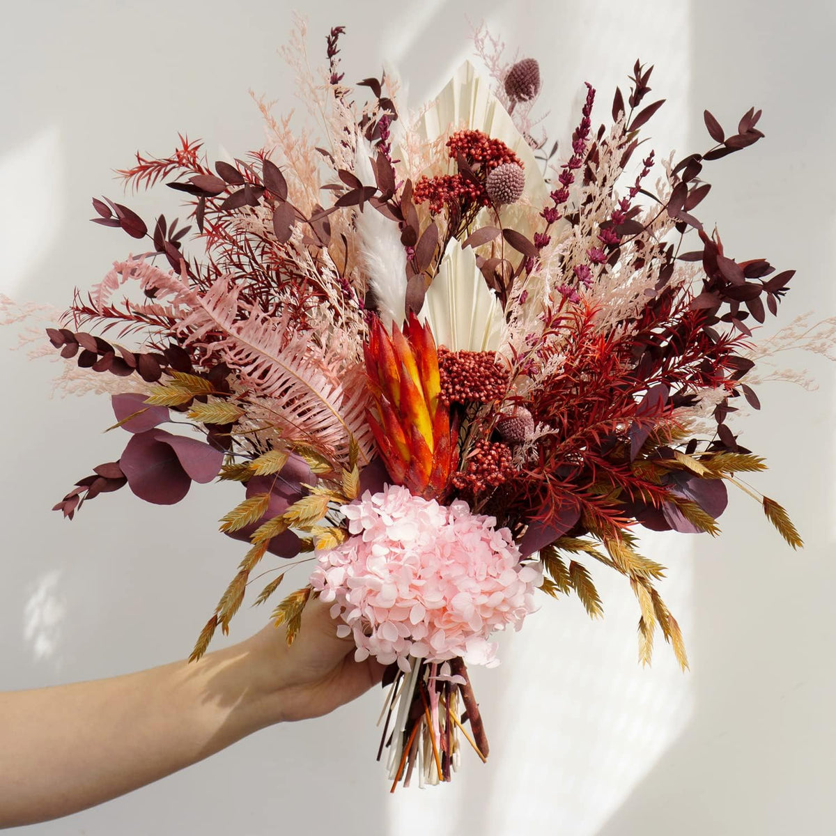 Blush Pink & Burgundy Dried Flower Bouquet, Cream Pampas Grass with Sage Green & Eucalyptus, Boho Dried Flowers for Wedding, Home Décor