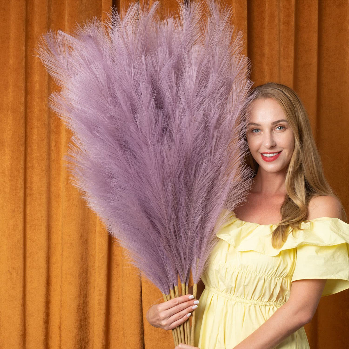Pampas Grass Decor Tall, 43"/110cm Faux Pampas Grass 6 Stems Large Pompass Grass Branches Tall Bulk Boho Flower Arrangement for Home Room Wedding Party Decor(Purple)