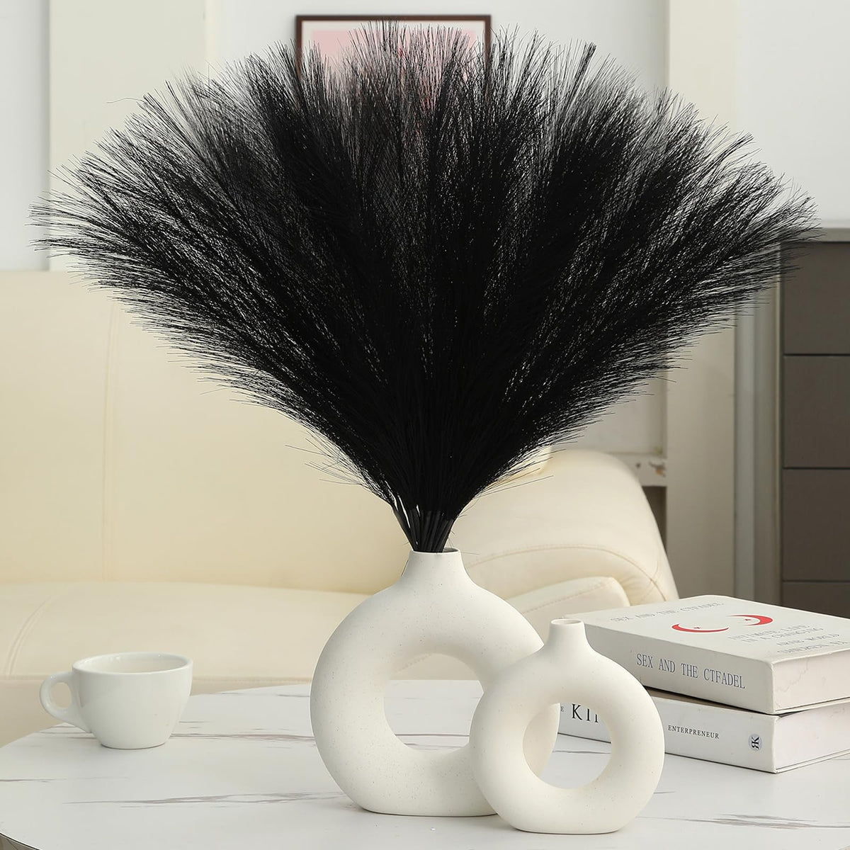 UREYMX Faux Pampas Grass Decor 17.7 Inch 30pcs, Artificial Pampas Grass Fluffy Home Decor, Short Vase Room Decor pompous Grass Flower Arrangement for Boho Home Wedding Decoration (Black,White,Grey)