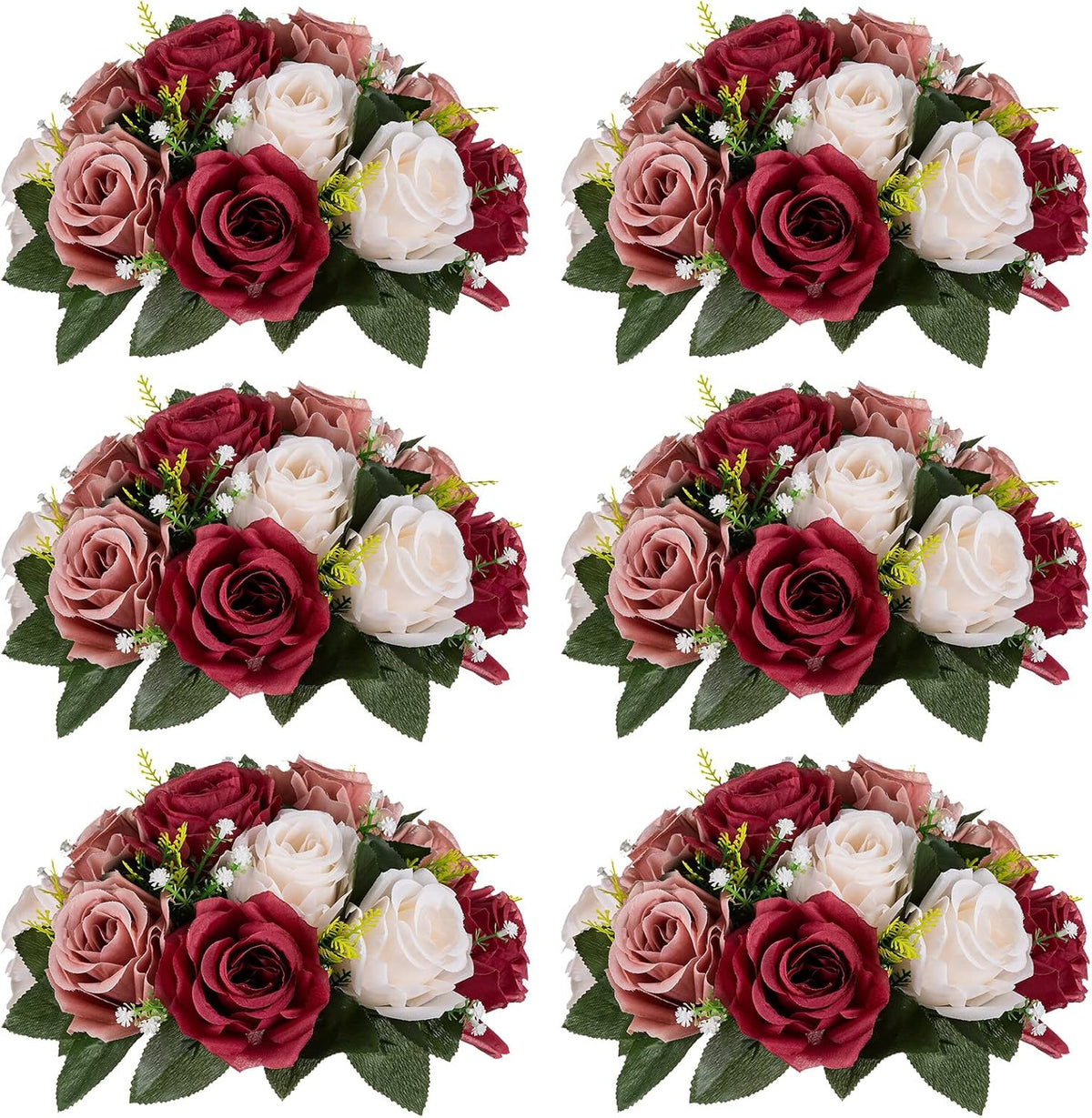 Nuptio Artificial Flower Centrepieces for Tables - 6 Pcs Burgundy & Dusty Rose & Creamy White Fake Flowers Roses Balls 9.5in Diam - Silk Faux Rose Arrangement for Wedding Party Centerpiece Table Decor