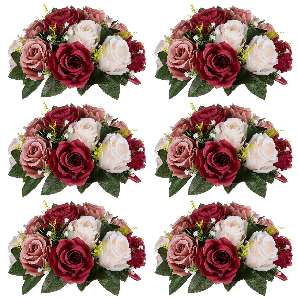 Nuptio Artificial Flower Centrepieces for Tables - 6 Pcs Burgundy & Dusty Rose & Creamy White Fake Flowers Roses Balls 9.5in Diam - Silk Faux Rose Arrangement for Wedding Party Centerpiece Table Decor