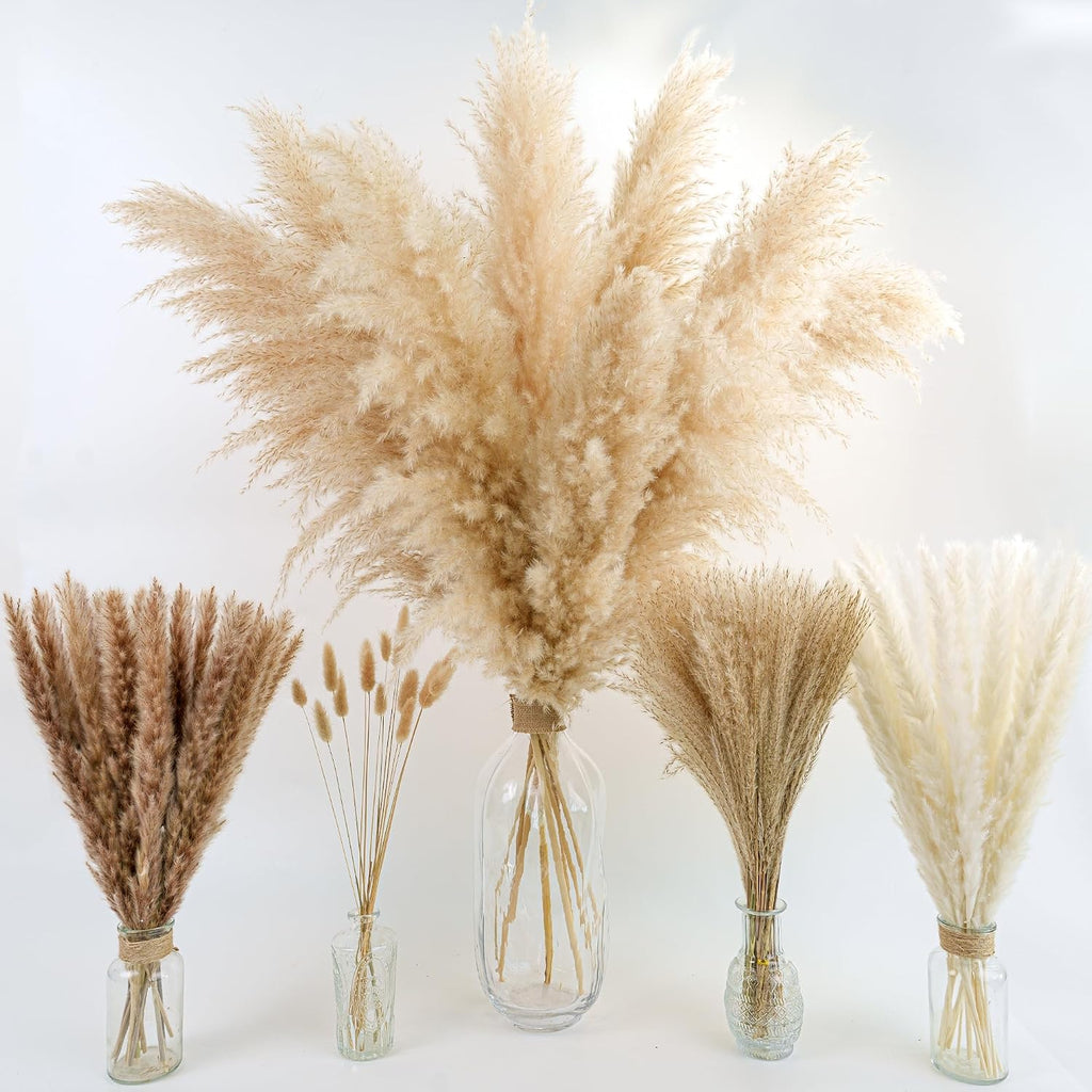 Decorative Tall Pampas Grass for Floor Vase – Premium Large Pampas Grass Decor Tall, 17"-40" Pampas Grass Stems, Dried Pampas Grass Decor Tall, Natural Pampas Grass with Beige Decor and Boho Feathers