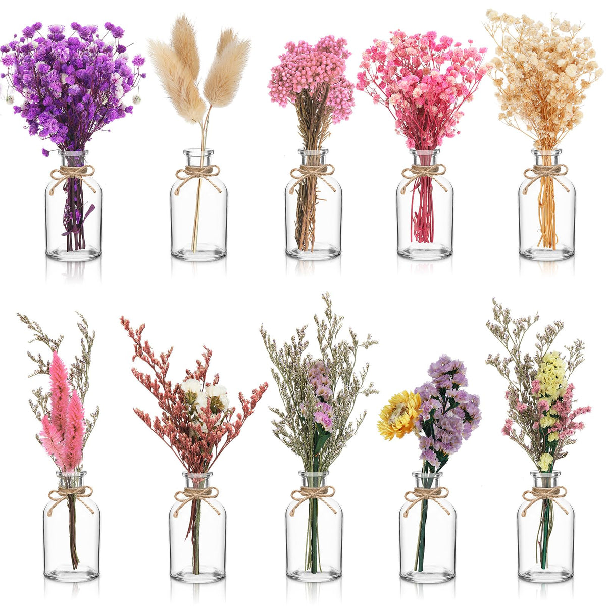 Nuanchu 10 Pcs Dried Pampas Grass Centerpiece with 10 Glass Vase, Rope