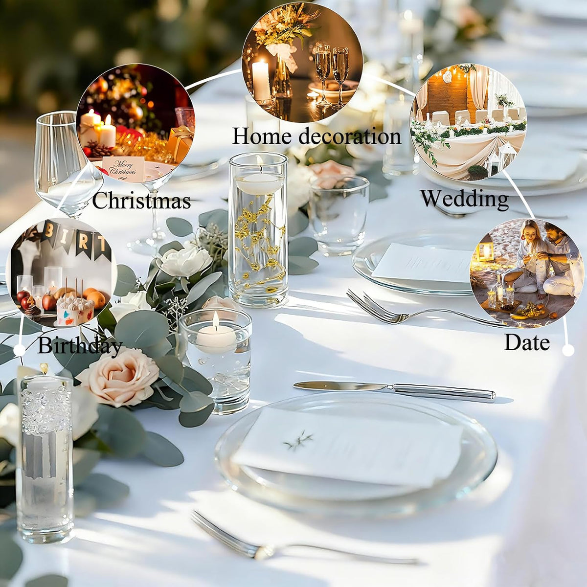 UDU 12 Set Glass Vases for Centerpieces with 24 White Floating Candles 80000 Vase Filler 6 Pearl String Party Event Home Wedding Centerpieces for Tables Decorations