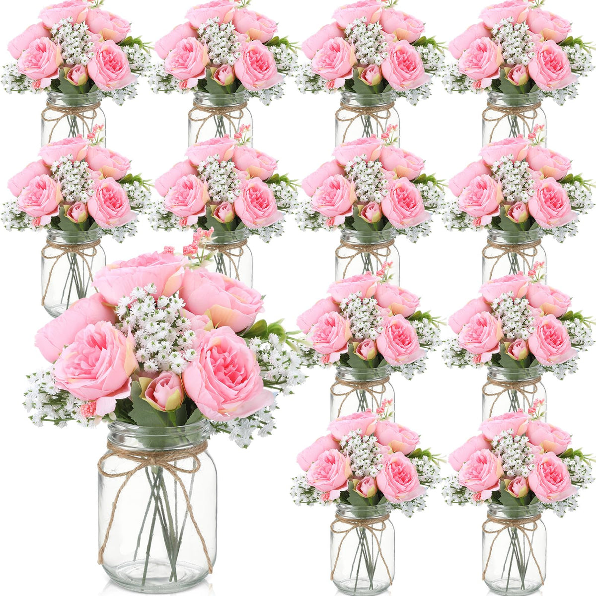 Zeyune 12 Sets Mason Jar Flowers Centerpiece Table Decorations,Green