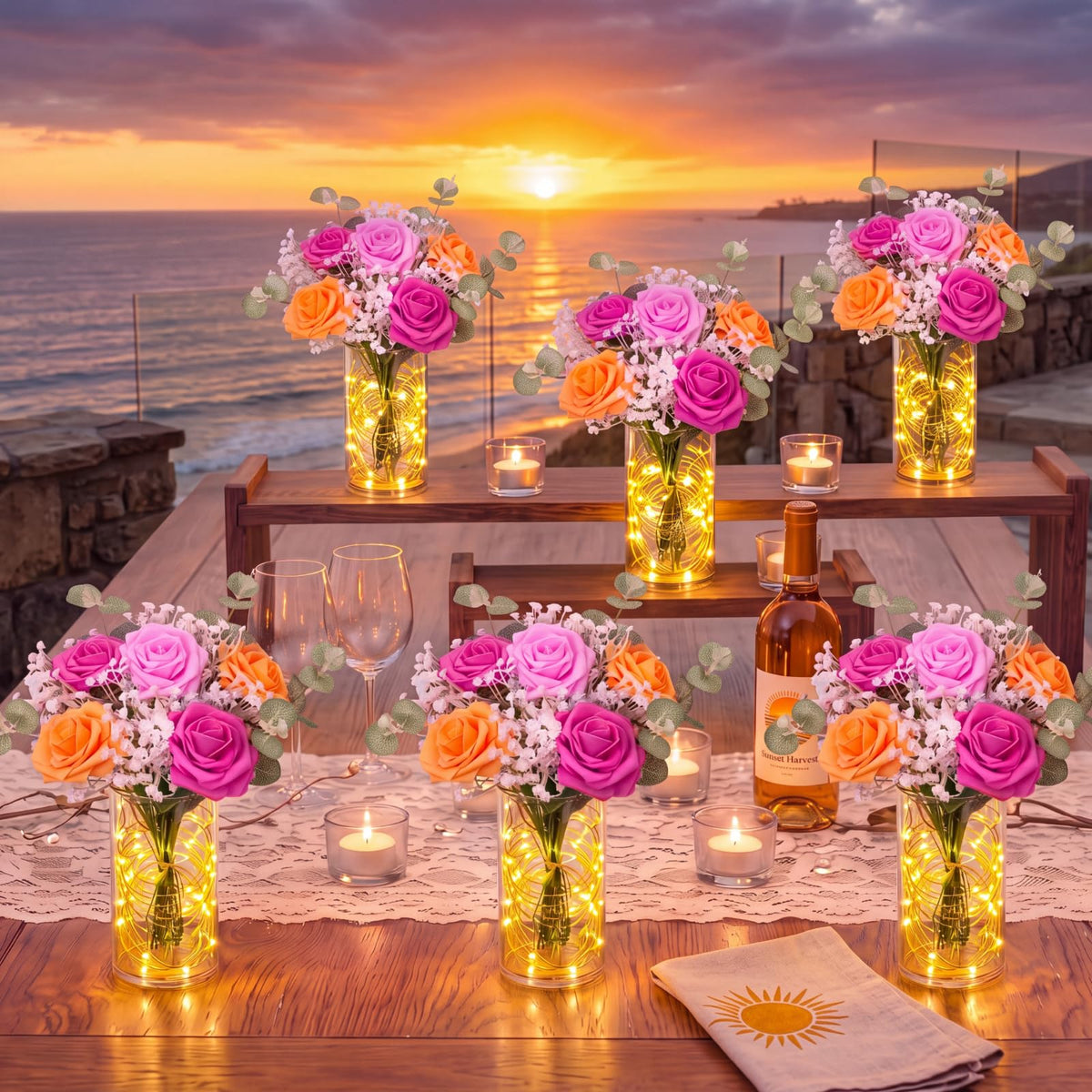 Domensi Set of 6 LED Lighted Floral Table Centerpieces, Faux Roses, Eucalyptus & Baby's Breath in Acrylic Vase, Glowing Rustic Wedding Decor for Bridal Shower, Party & Dining Table(White)