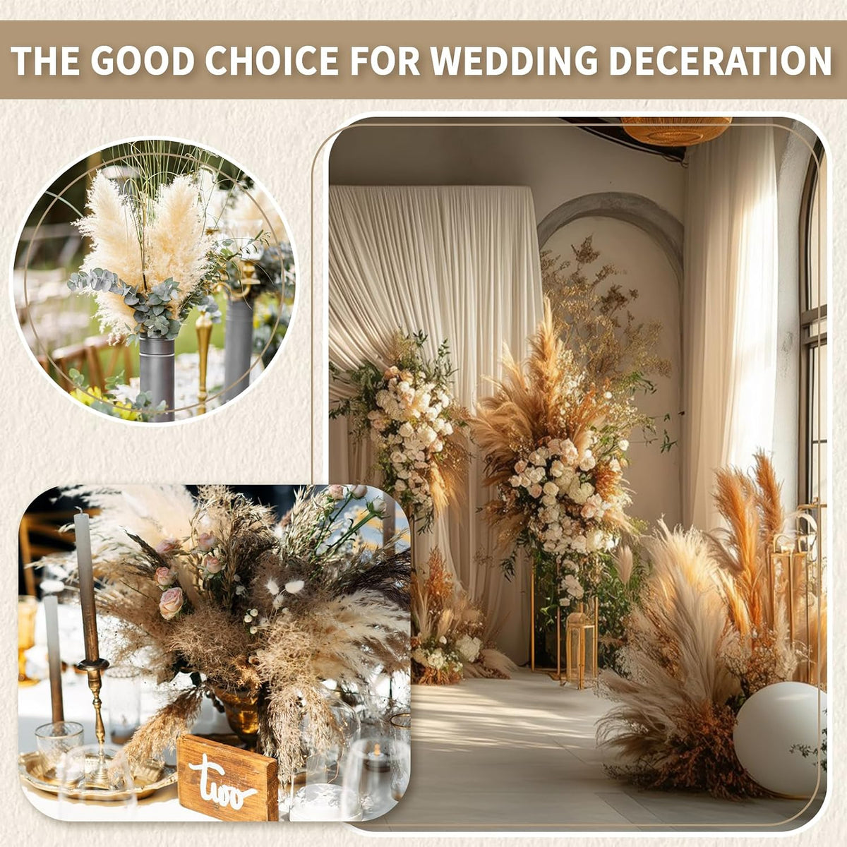 Le courant 17" Dried Pampas Grass Decor, Naturally Small Boho Pampas Grass with Bunny Tails & Reed Grass for Home Table Decor, Wedding, Rustic Farmhouse Party Decorations, White and Brown (200pc)