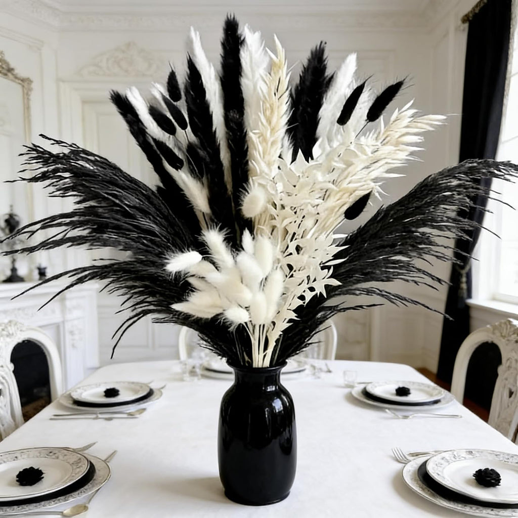 Black and White Pampa Grass Dried Flowers 50Pcs