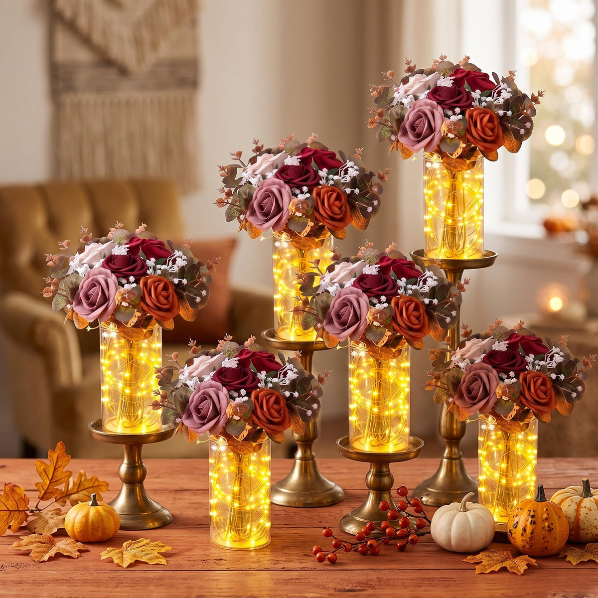 Domensi Set of 6 LED Lighted Floral Table Centerpieces, Faux Roses, Eucalyptus & Baby's Breath in Acrylic Vase, Glowing Rustic Wedding Decor for Bridal Shower, Party & Dining Table(White)