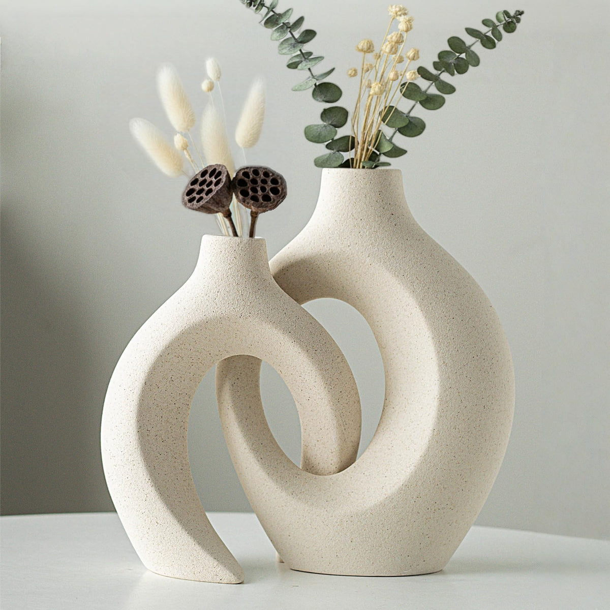 Levvohd Snuggle Hollow Ceramic Vase Set of 2 for Modern Nordic Home Decor