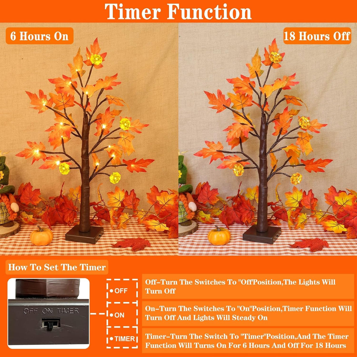 TURNMEON Fall Decor 2 Pack 24 Inch Prelit Fall Maple Tree 48 LEDs Timer