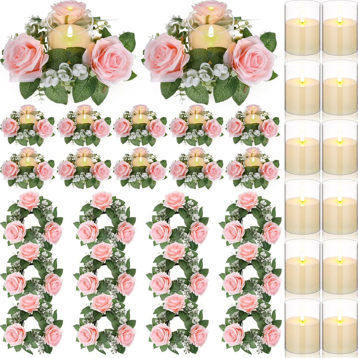 Yunlly 12 Pcs Rose Candle Rings with Candles Sets, White
