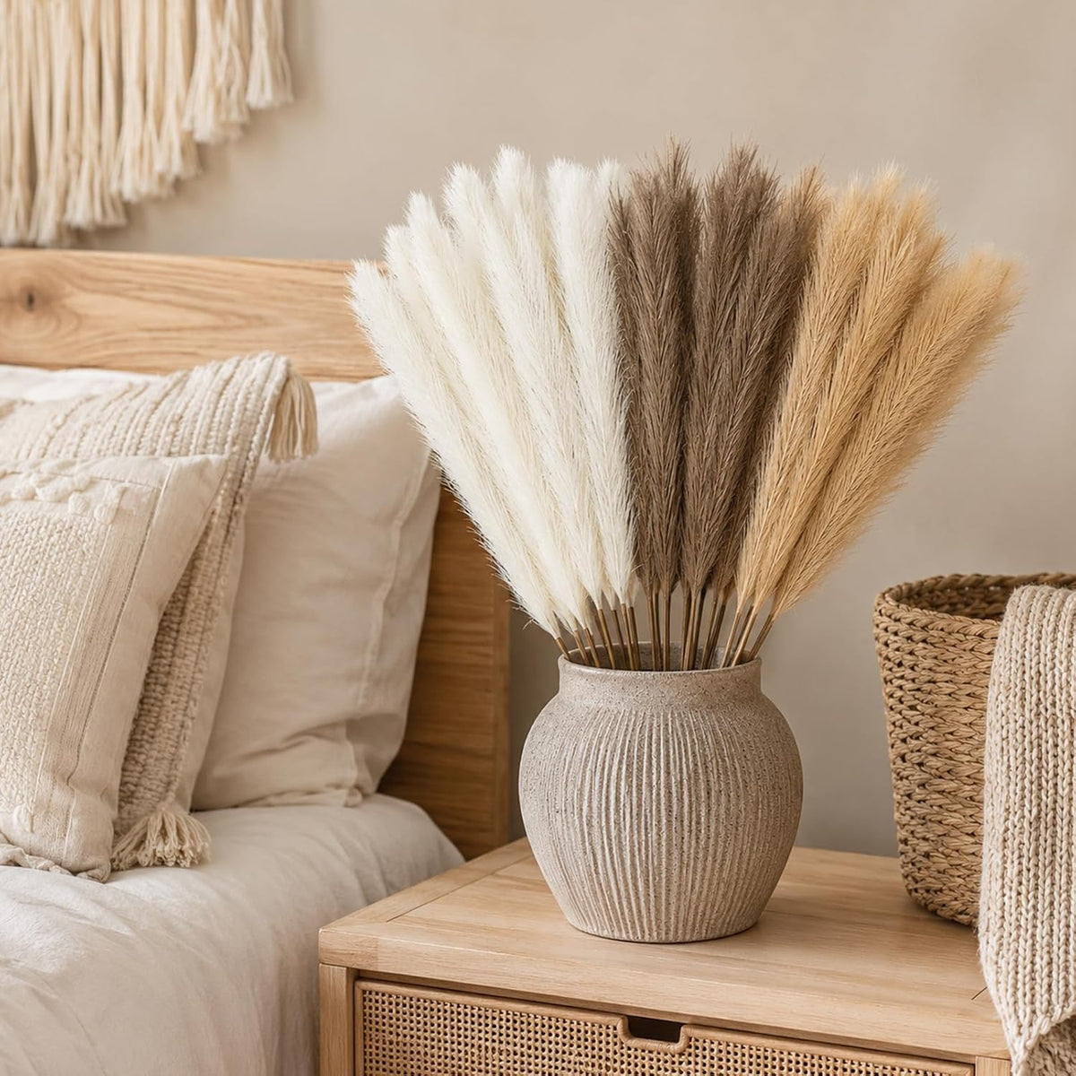 60Pcs 21.7" Artificial Small Pampas Grass Faux Flower Vase Filler Fluffy Faux Short Pampas Grass for Home Wedding Centerpieces Boho Decorations (Iovy & Beige Yellow & Brown)