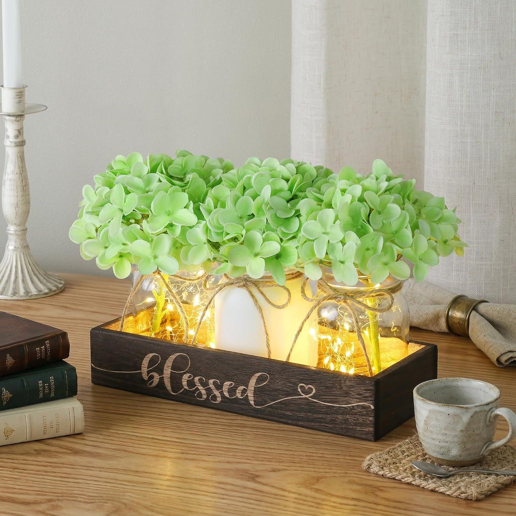Farmhouse Mason Jar Table Centerpiece with Green Hydrangea Flowers, Lighted Artificial Floral Arrangement with Wood Tray, Rustic Table Decor for Kitchen Coffee Table Living Room Home
