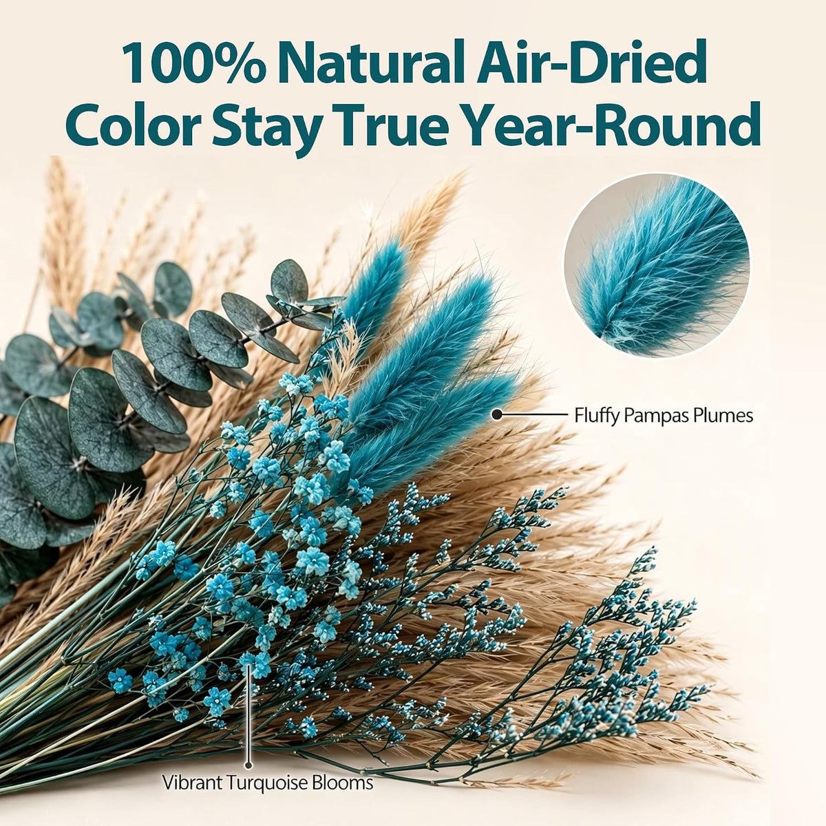 62 Pcs Dried Pampas Grass Bouquet with Turquoise Flowers & Teal Pampas Grass, Natural Blue Pampas Grass Decor for Boho Home, Wedding Centerpieces, Vase Filler and DIY Crafting(LP-PG-01)