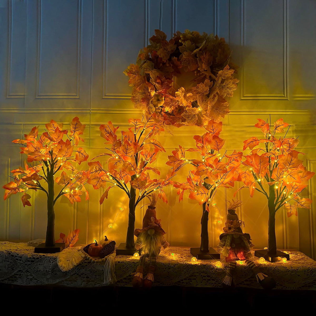 2 Pack Lighted Maple Tree 20 Inch 48LED Fall Artificial Tree for Thanksgiving Harvest Indoor Decoration